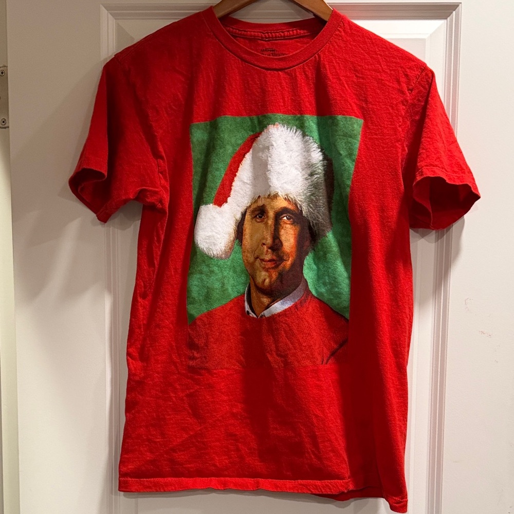 Ugly Christmas Sweater Red Tee with Green Portrait and White Faux-Fur Santa Hat